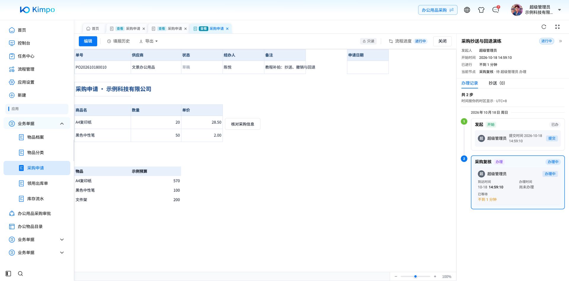 流程已发起并到达采购复核，右侧显示当前办理人与两步记录