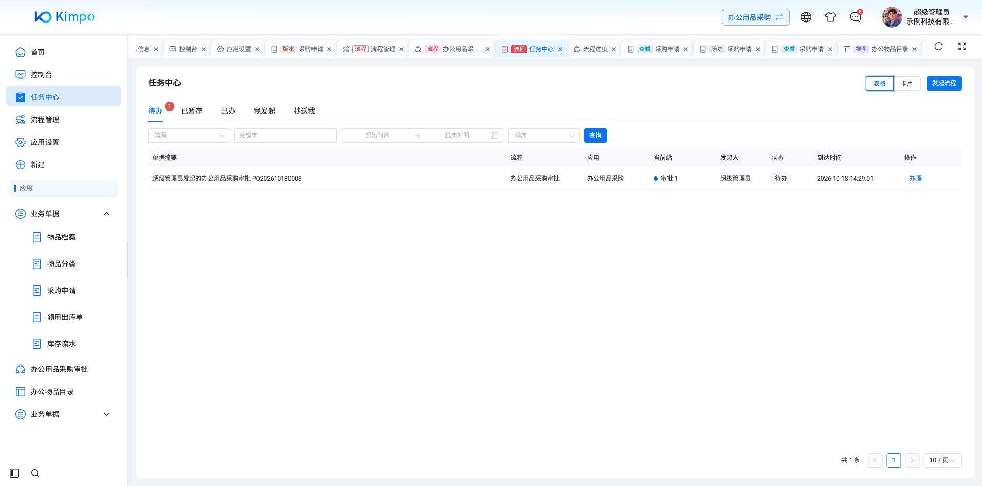 任务中心待办表格显示采购审批