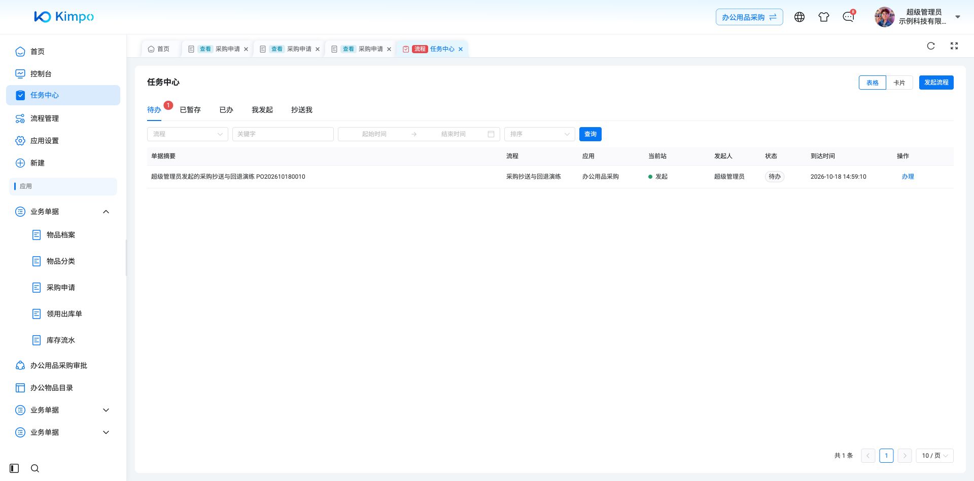 撤销后同一单据回到待办，当前站由采购复核退回发起，没有新增另一张单据